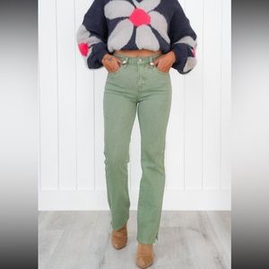 Risen High Rise Olive Tummy Control  Raw Hem with Side Slit Straight Leg Jeans